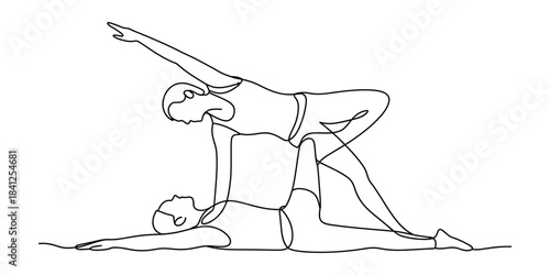 Continuous line art of two people performing partner yoga or acrobatic pose