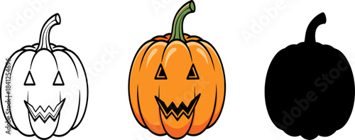 Halloween Jack-O'-Lantern Pumpkin Icon Set - Outline, Color, and Silhouette Vector