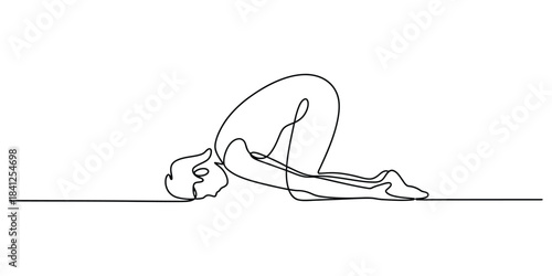 One line drawing of person in childs pose yoga asana
