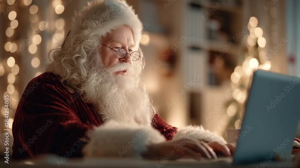 Naklejka premium professional santa claus working on laptop in cozy christmas light setting
