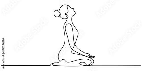 One line drawing of woman meditating in seiza pose white