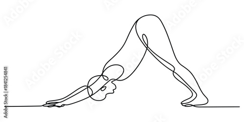 One line drawing of downward facing dog yoga pose