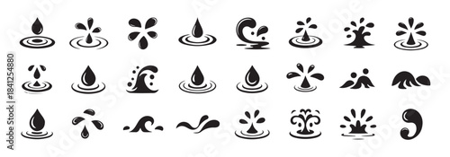 Water drop and splash icons set, liquid droplets and waves black silhouettes collection