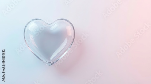 Transparent Glass Heart Shaped Bowl on Soft Pink Background.
