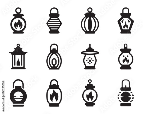 Set of lantern icons, collection of various vintage lamp shapes in solid black fill