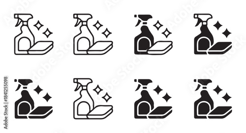 Set of cleaning spray bottle and sponge icons in linear and solid styles, vector illustration