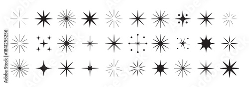 Big set of sparkle icons, collection of various star and glitter shapes in black outline