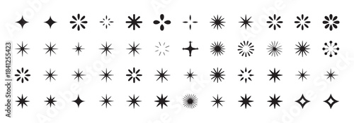 Large set of sparkle icons, collection of various star and glitter shapes in solid black