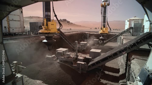 Lowering initially left unit pair robots spinning heads at pit rim belts moving regolith to process