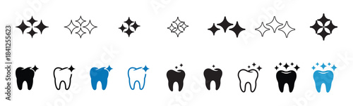 Sparkle and tooth icons collection. dental care and oral hygiene graphic symbols