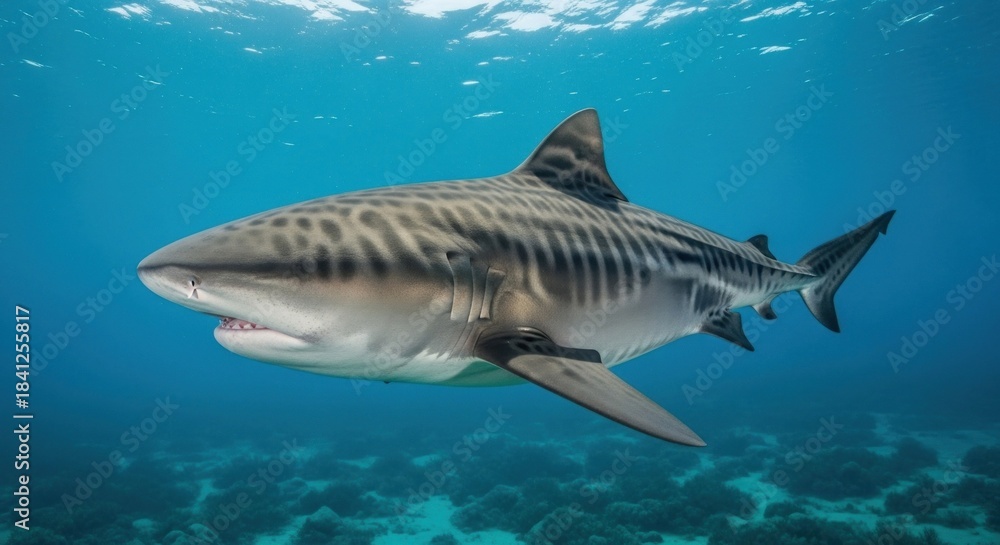 Obraz premium A tiger shark swimming in clear blue water with a sandy bottom.