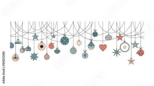 Holiday Decorations : A festive array of colorful ornaments, hanging by strings, decorates, a vibrant illustration perfect for holiday celebration.