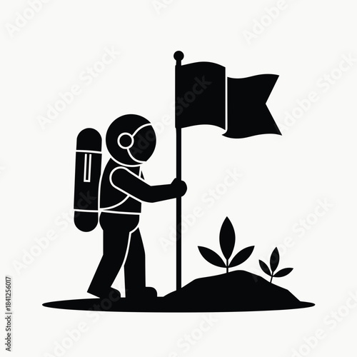 Astronaut planting flag on new terrain with small plants growing. Concept of exploration, environmental awareness, and innovation in extraterrestrial agriculture.