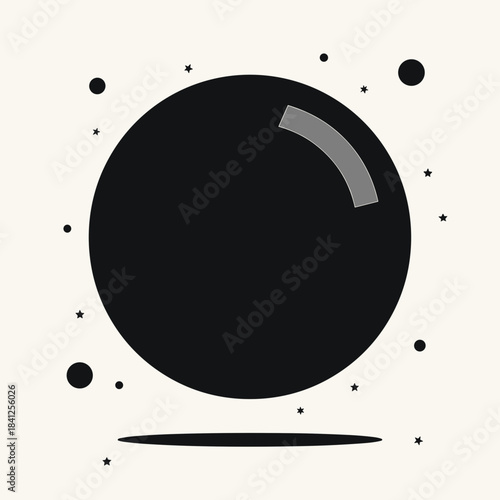 Abstract black sphere surrounded by floating circles, concept of minimalism, modern design, or graphic art. Useful for projects focused on contemporary aesthetics and visual simplicity.