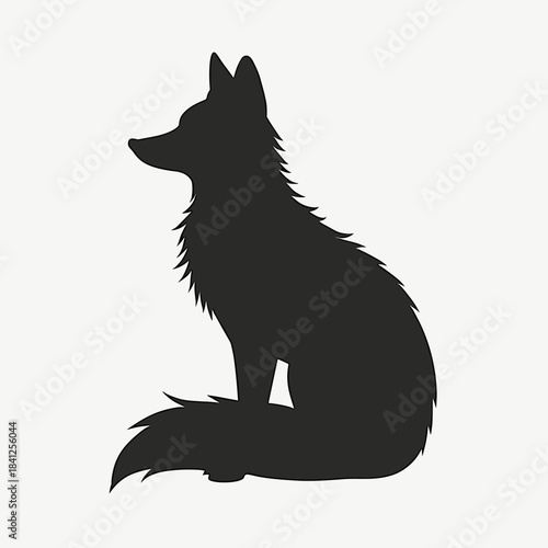 Silhouette of fox sitting with a shaggy coat and pointed ears. This minimalist design showcases the elegance and grace of the animal, suitable for wildlife-related themes and artistic projects.
