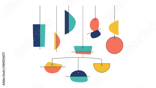 Abstract Geometric Mobile Art: An elegant and visually captivating composition of a mobile, featuring a dynamic arrangement of geometric shapes in vibrant colors, suspended gracefully in space.