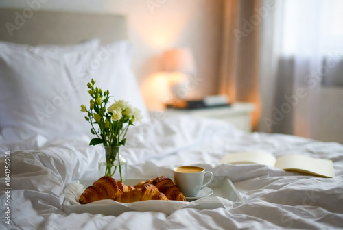 Soothing hotel-inspired morning scene featuring fresh croissants, cup of coffee, small vase of white flowers, and open notebook resting on plush white bed, creating warm, inviting atmosphere.