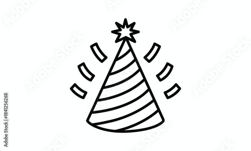 Minimalist black outline party hat icon with star and festive elements for celebration events and birthdays