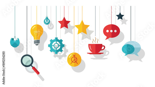 Creative Ideas: An array of colorful shapes and symbols, suspended from delicate strings, suggests a dynamic interplay of creativity and innovation.