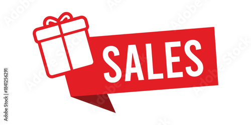 Red gift box icon and bold white SALES text on a dynamic red ribbon banner, ideal for holiday promotions, seasonal discounts, special offers, marketing campaigns and retail advertising designs.