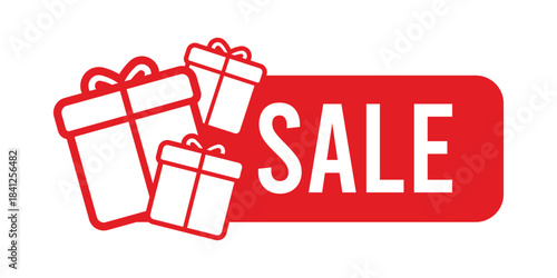 Red gift box icon and bold white SALES text on a dynamic red ribbon banner, ideal for holiday promotions, seasonal discounts, special offers, marketing campaigns and retail advertising designs.