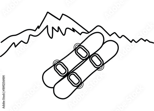 Minimalist line art drawing of two snowboards with bindings on a snowcovered mountain backdrop featuring distinct peak outlines