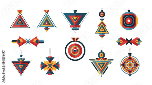 Geometric Ornament Designs: An array of vibrant, modern geometric ornaments showcases various shapes and colors, offering a contemporary decorative flair.