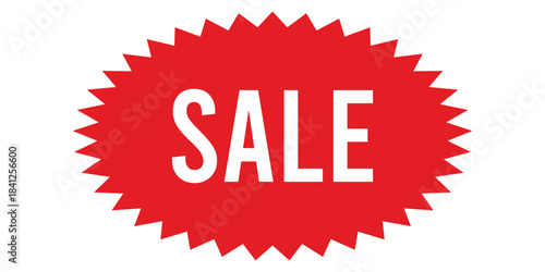 Bold SALE text on bright red jagged starburst badge, isolated on white background, ideal for retail promotions, discount labels, clearance events, ecommerce banners and seasonal marketing campaigns