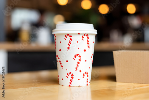 A white disposable cup decorated with red candy canes and small stars sits on a warm wooden table in a cozy cafe. Ideal for holiday beverages, Christmas takeout, and festive gatherings.
