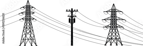 PrintElectrical infrastructure silhouette, transmission towers, utility pole, transformer, power lines, black vector, energy grid, distribution system, schematic layout, voltage step-down