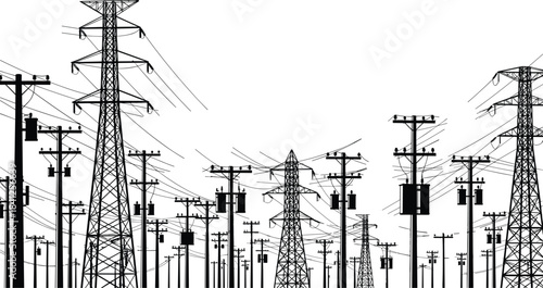 PrintElectrical infrastructure silhouette, utility poles and transmission towers, power lines network, black figures, white background, energy grid, transformers, complexity