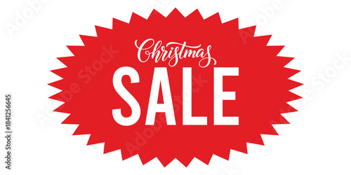 Bold Christmas SALE text on bright red jagged starburst badge, isolated on white background, ideal for retail promotions, discount labels, clearance events, ecommerce banners.