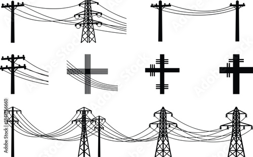 PrintElectrical infrastructure silhouettes, utility poles, transmission towers, power lines, grid system, black vector, energy distribution, schematic layout, substation design, network