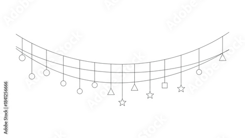 Line Garland of geometric decoration: A simple, elegant line art illustration of a garland, adorned with assorted geometric shapes.