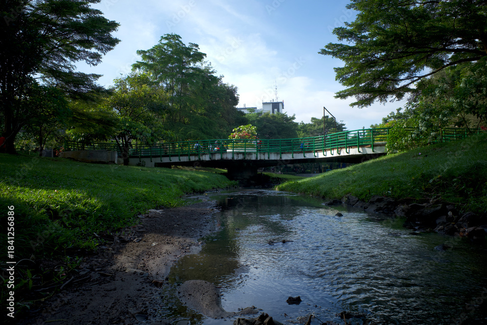 Obraz premium Scenic view of a river and a green bridge in the city park of Yogyakarta, Indonesia