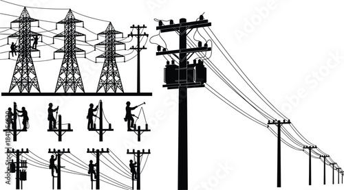 PrintElectrical infrastructure silhouettes, utility workers, transmission towers, power poles, maintenance, black vector, energy grid, repair, industrial, birds, depth