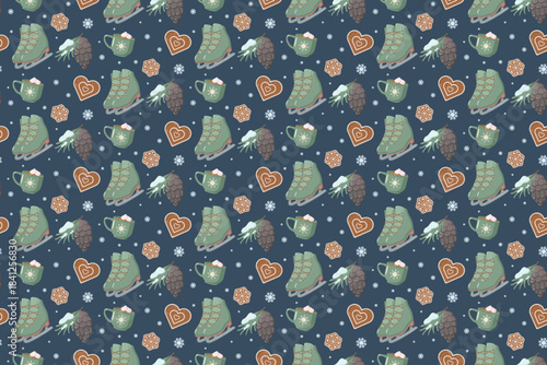 Seamless winter pattern with ice skates, cocoa mugs, pinecones, snowflakes, and gingerbread cookies on dark blue background. Cozy festive design for seasonal wrapping paper and decor