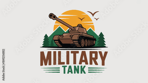 A logo design featuring a brown military tank centered against a white background 
