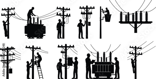 PrintElectrical line workers silhouette, power line maintenance, utility pole repair, transformer service, energy infrastructure, bucket truck, grid system, black illustration