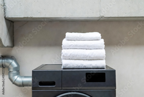 A neat stack of clean white towels sits atop a modern washing machine in a minimalist laundry room, suggesting freshness, home comfort, and organized care.