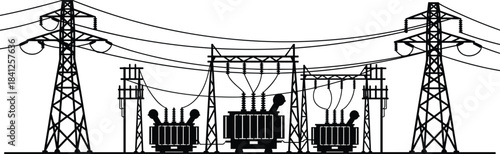 PrinElectrical substation silhouette, high-voltage transformers and switchgear, black vector illustration of energy grid infrastructure and power distributiont