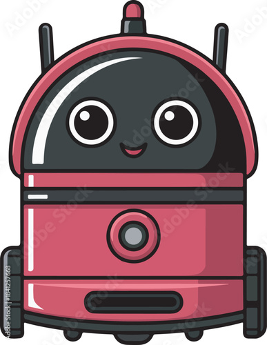 Cute red black robot vacuum cleaner character illustration.