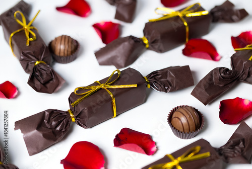 Assorted chocolates wrapped in brown wrappers tied with gold ribbons, scattered among red rose petals on a white background, creating a romantic, luxurious gift vibe.