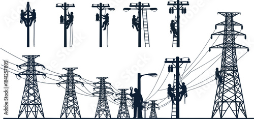 PElectrical linemen silhouette, power line workers, utility pole maintenance, transmission towers, energy infrastructure, transformer repair, electric grid, high voltage systemrint