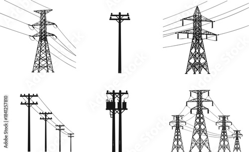 PrintElectrical transmission silhouettes, utility poles, power towers, infrastructure types, energy distribution, grid network, black illustration, engineering design, voltage system, structure
