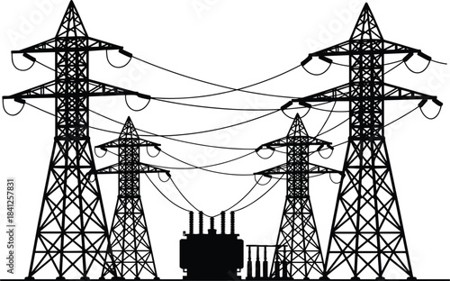 Electrical transmission system with substation silhouette, power towers, black figures, white background, energy grid, voltage infrastructure, distribution network, complexity