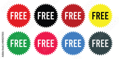Colorful FREE starburst badges set with bold white text on red, black, yellow, green, pink, blue and dark gray stickers, perfect for promo labels, web banners, retail advertising and marketing design