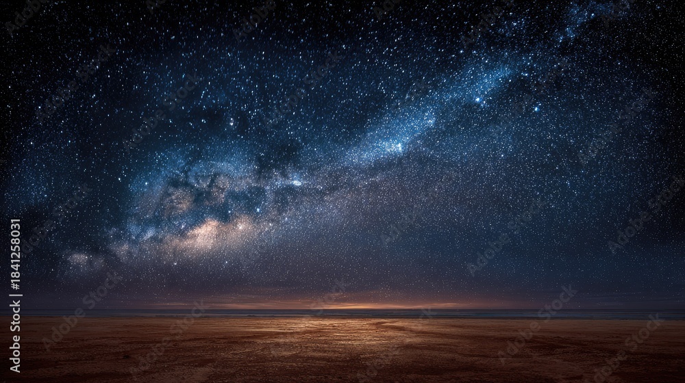 Fototapeta premium Milky Way Night Sky Over Earthy Ground, Dark and Serene Landscape