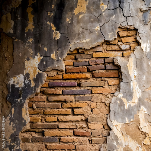 Close-up of weathered wall where peeling plaster reveals stacked bricks, showing decay, rustic charm, rough texture suitable for architecture, heritage, interior design, or construction mood imagery.