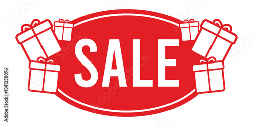 Red SALE badge with bold white text inside an oval frame, surrounded by simple gift box icons, perfect for holiday promotions, special offers, discount campaigns, ecommerce banners.